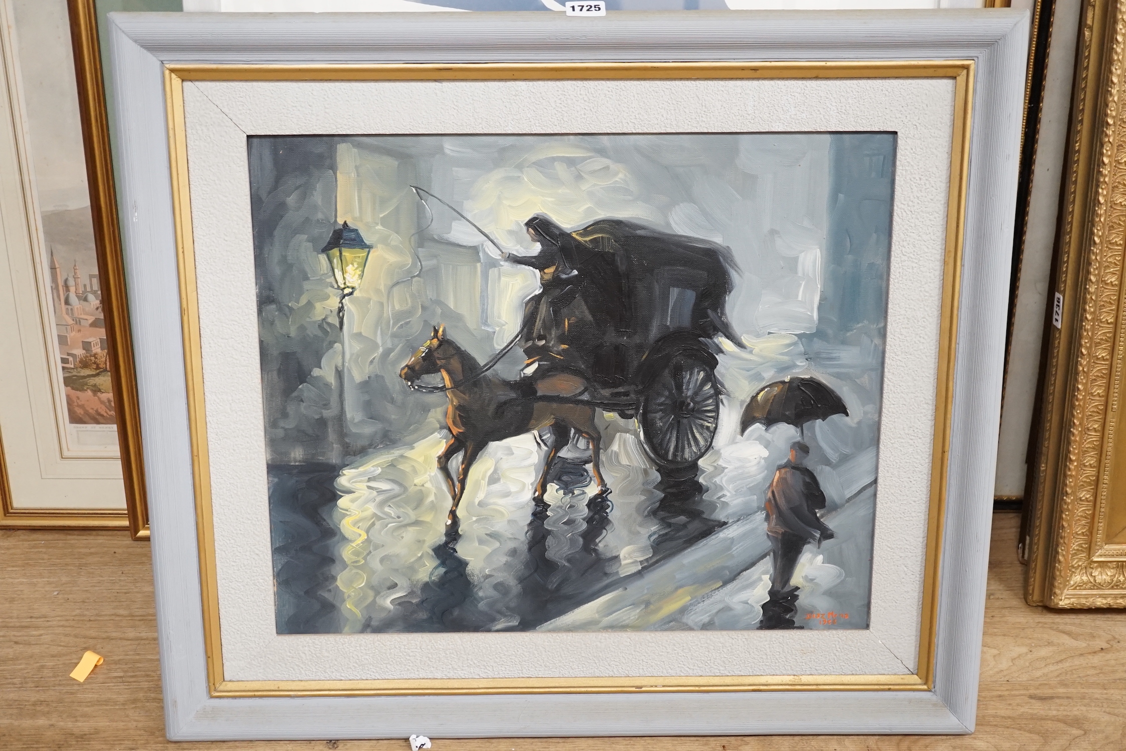 Diez Mene, oil on canvas, Coach on a rainy street, signed and dated 1968, 45 x 54cm